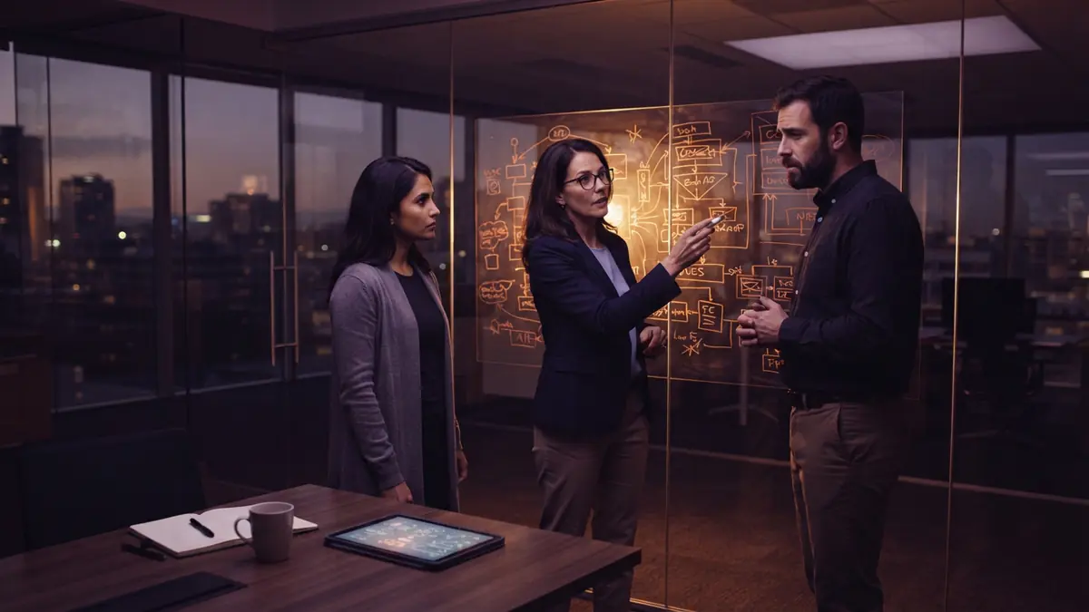 Three technology researchers standing inside a modern office reviewing safety diagrams on an illuminated board