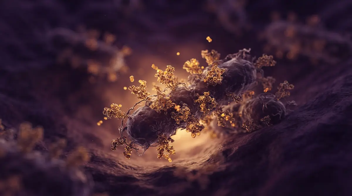 Scientific illustration of bacterial cell surfaces and cellular structures.