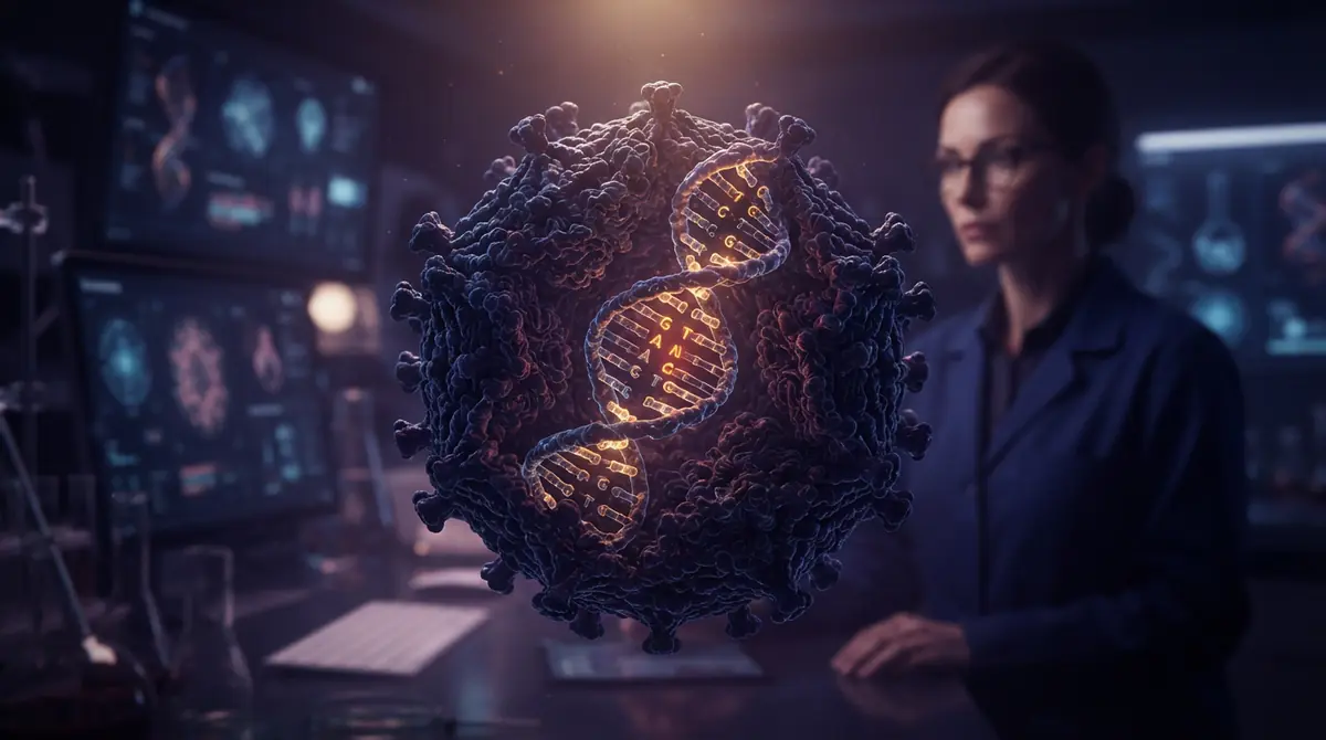 Scientific illustration of a DNA double helix highlighting sequence changes in a viral genome.