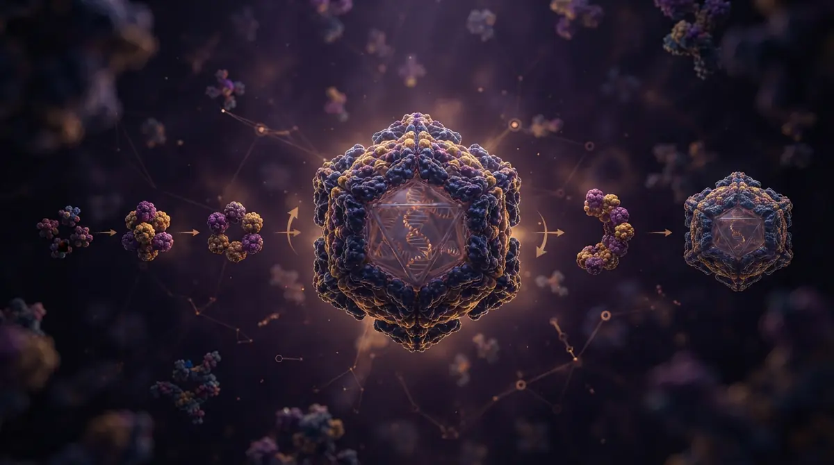 Scientific illustration of a viral capsid and protein assembly structure.