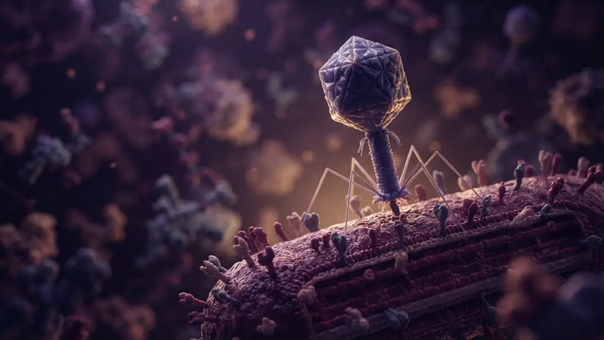 Scientific illustration of a bacteriophage virus attaching to the cell wall of a bacterium.