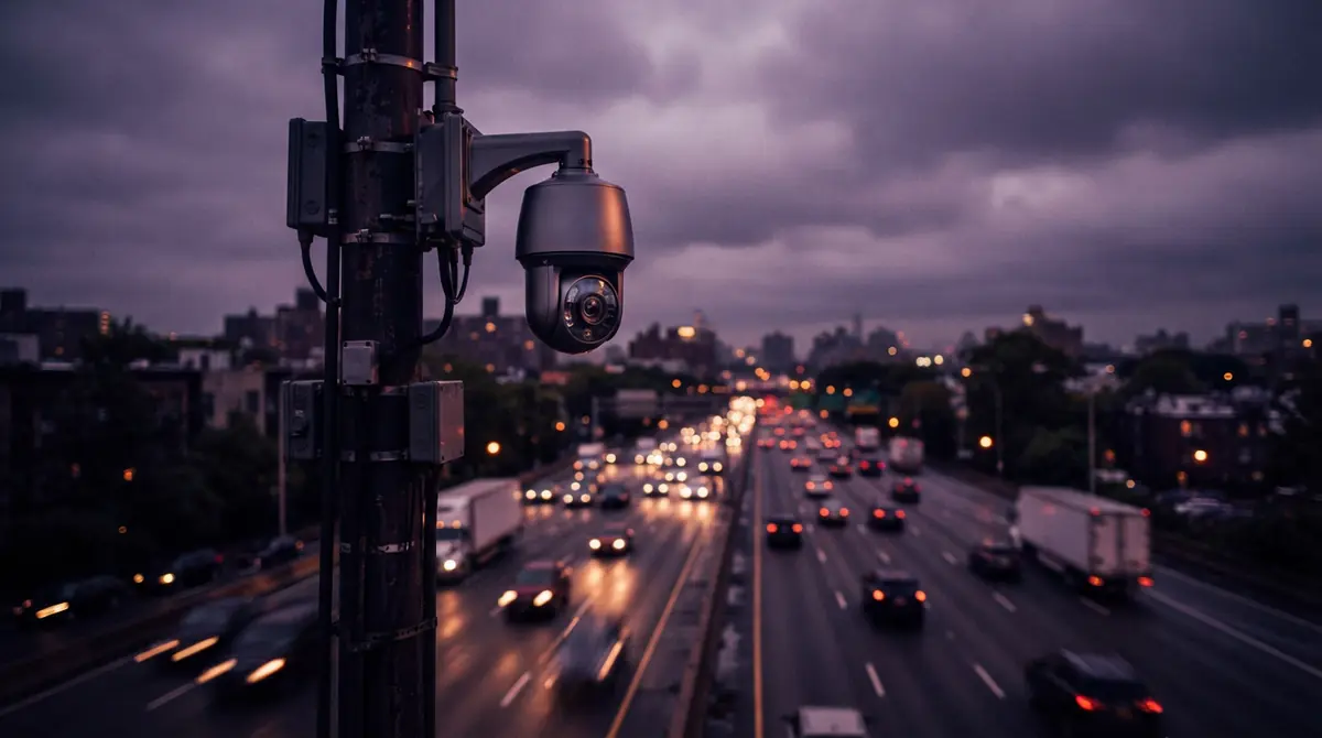 Illustration of an automated license plate reader camera mounted alongside a public highway