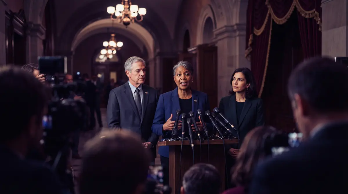 Illustration of legislators holding a press conference regarding privacy legislation
