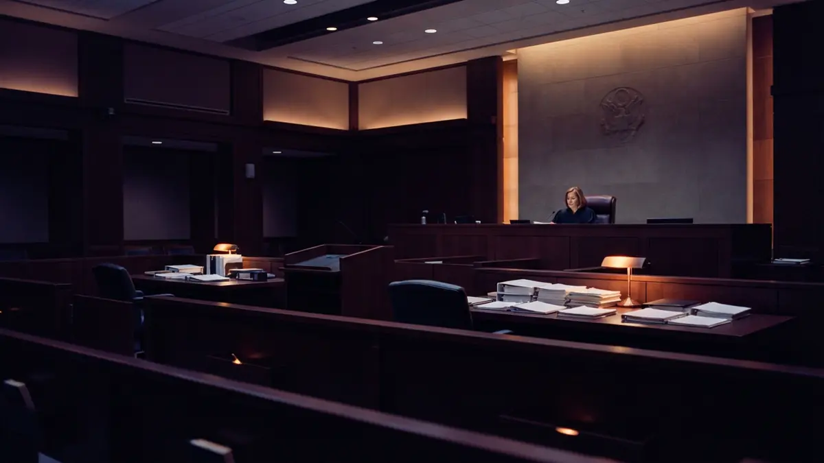 Illustration of a federal courtroom setting where a judicial ruling is delivered
