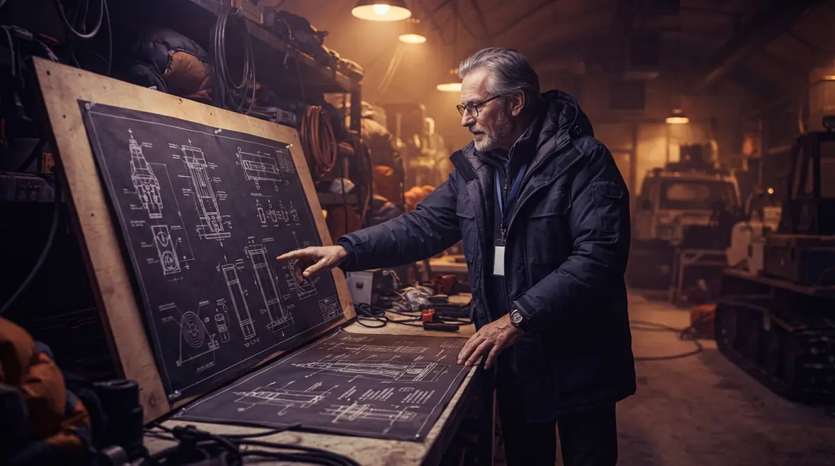 An illustration of a physics researcher examining technical schematics inside a polar research facility.