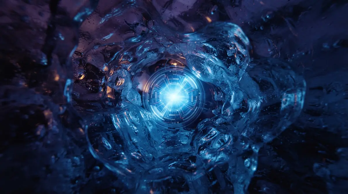 An illustration showing a spherical optical sensor capturing a pulse of blue light deep inside clear ice.