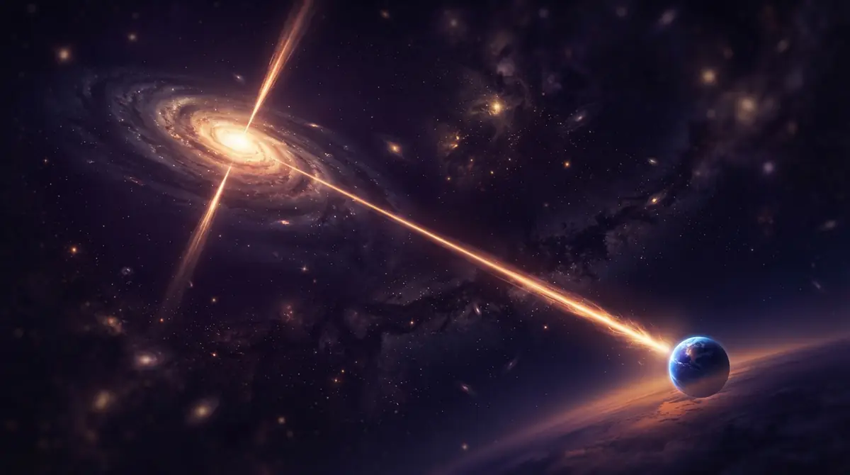 An illustration of a distant galaxy emitting particle streams across space.