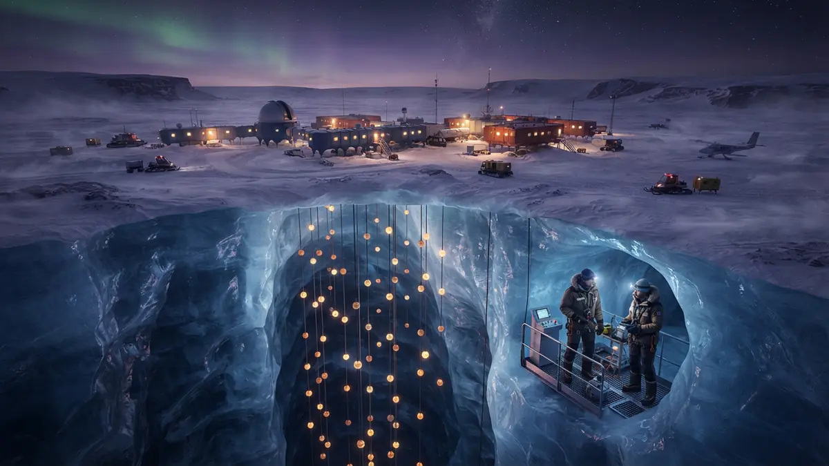 An illustration depicting an Antarctic neutrino observatory with glowing sensors embedded deep within polar glacial ice.