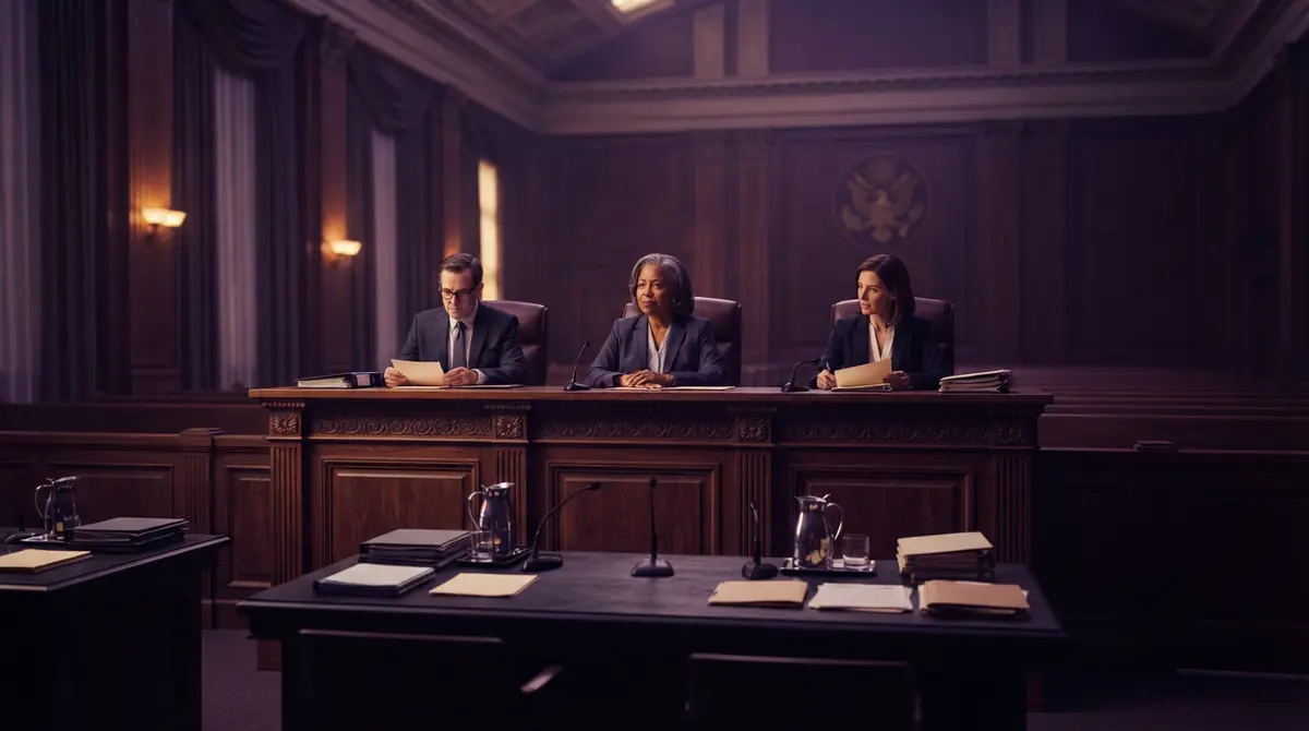 A formal hearing room prepared for legal testimonies and regulatory inquiries