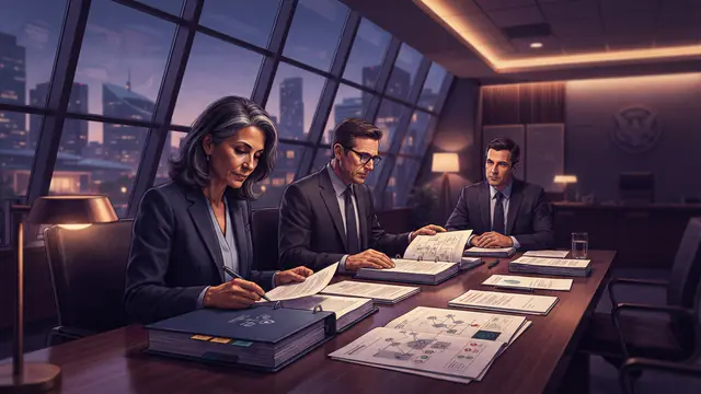 Regulators in an administrative office reviewing compliance files and digital incident records