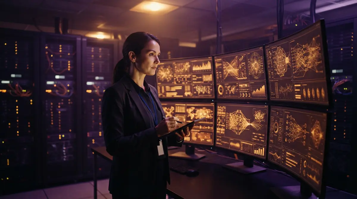 Illustration of a software developer monitoring server processes in a high-tech computing facility