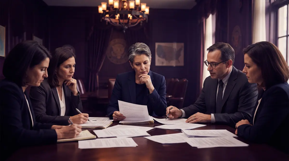 Illustration of state legal officials meeting in a formal hearing room
