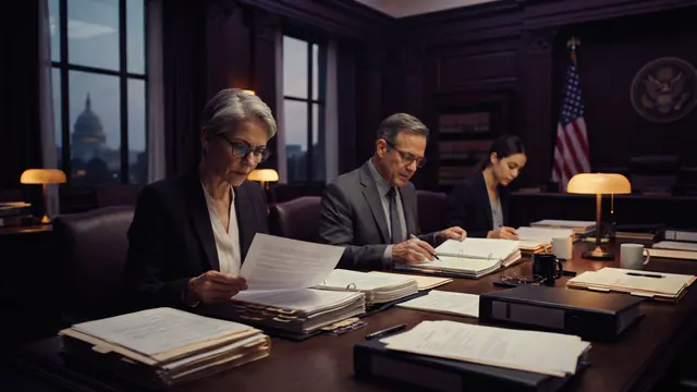 Illustration of investigators reviewing legal inquiry files at a federal commission conference table