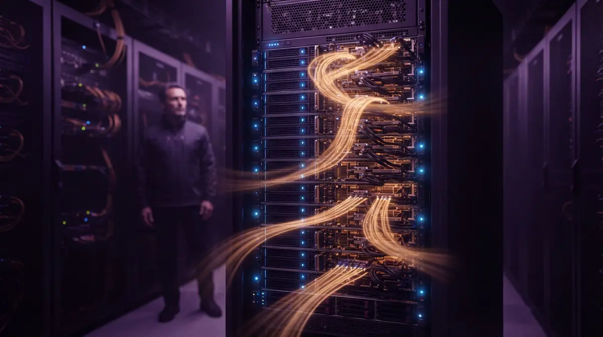 Illustration of high-density air-cooled server racks running AI accelerator hardware in an enterprise data center