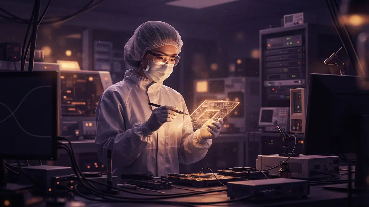 Illustration of an engineer inspecting an advanced artificial intelligence processor card in a semiconductor facility