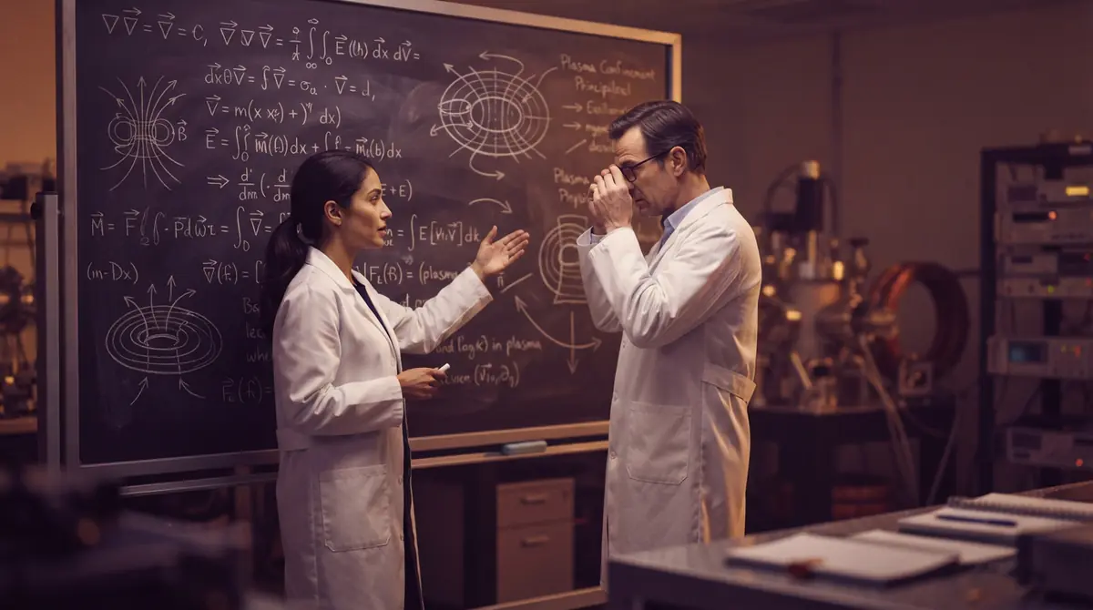 AI illustration of plasma physicists analyzing mathematical equilibrium equations on a board