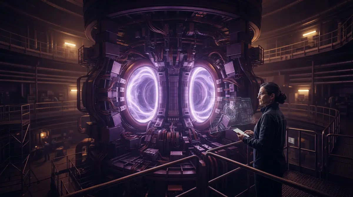 AI illustration of the interior of a stellarator fusion reactor chamber with twisting magnetic coils