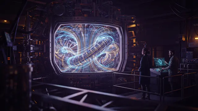 AI illustration of a twisted 3D magnetic plasma torus showing non-symmetric field lines