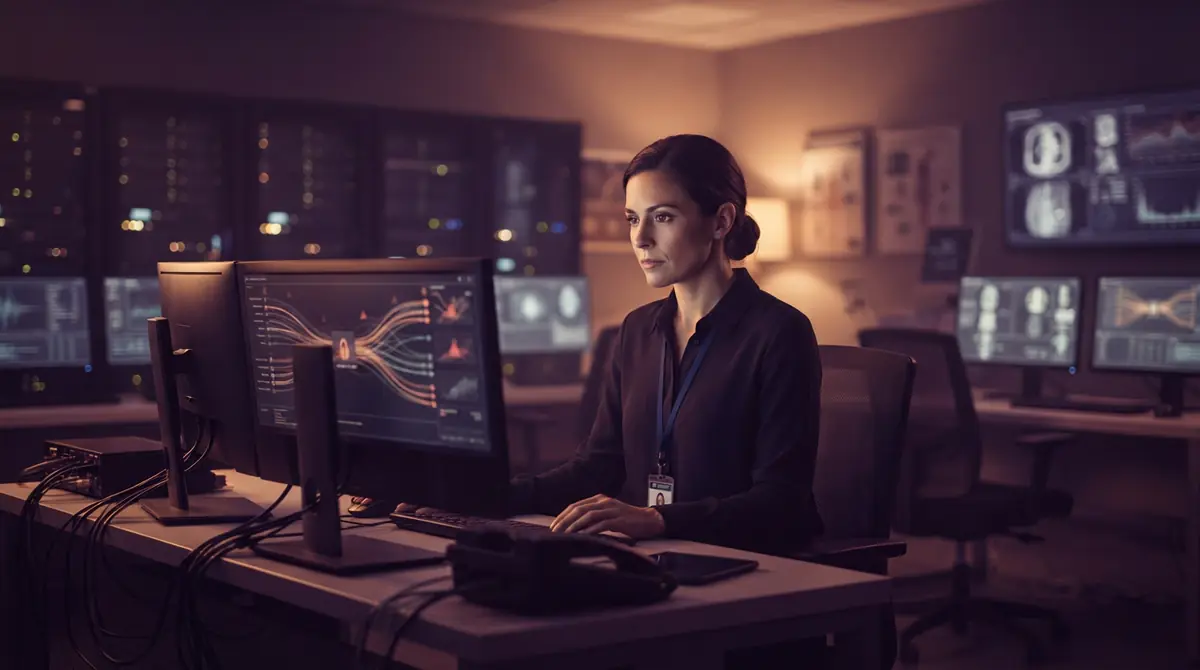 Illustration of a cybersecurity analyst working on computer equipment in a healthcare network operations room