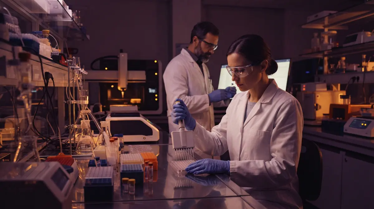 Illustration of biochemists conducting experimental testing with glassware and laboratory equipment