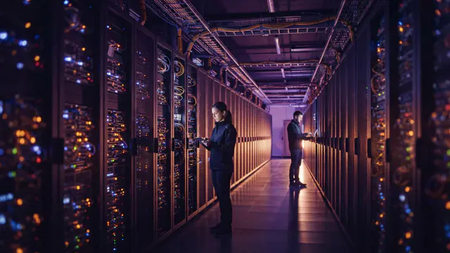Illustration of high-density server racks and illuminated processing hardware in a computing facility