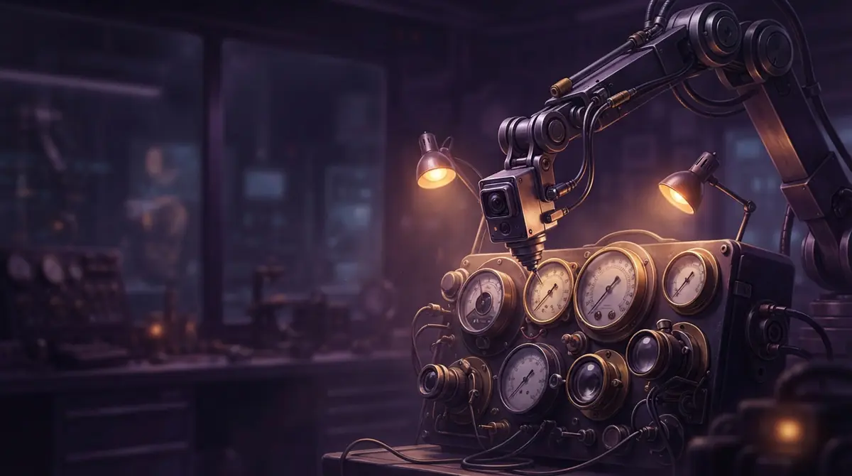 An illustration of a mechanical robotic arm visually examining analog dials and instruments