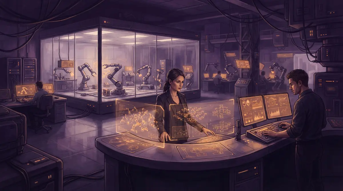 An illustration of engineers in an advanced robotics facility monitoring simulated and physical robot interactions
