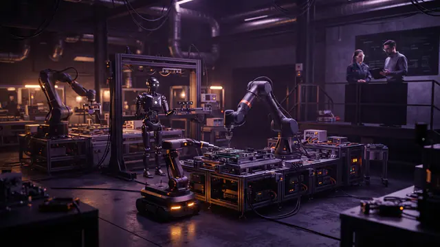 An illustration of multiple robot types collaborating in an industrial automation testing facility
