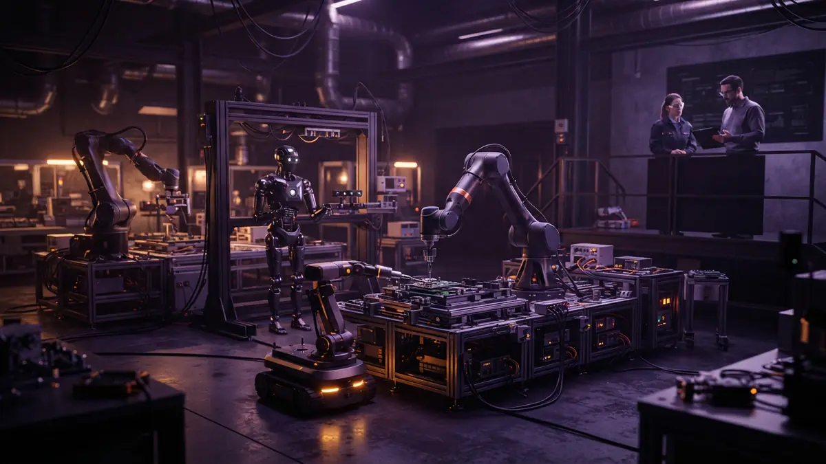 An illustration of multiple robot types collaborating in an industrial automation testing facility