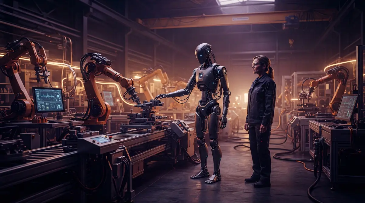 An automated factory floor featuring a humanoid robot and robotic assembly arms