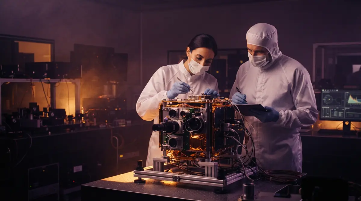 Aerospace engineers assembling a compact commercial satellite in a cleanroom laboratory