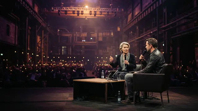 Government and technology leaders speaking on an industrial conference stage