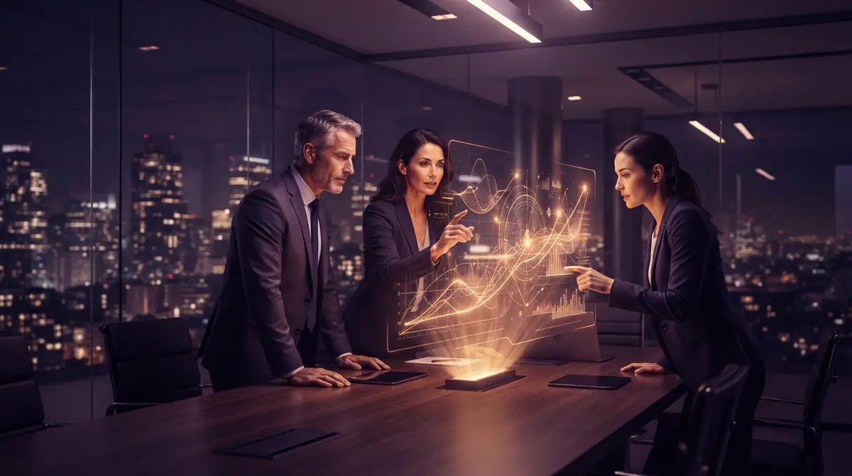 Illustration of financial strategists reviewing capital expenditure forecasts and economic charts.