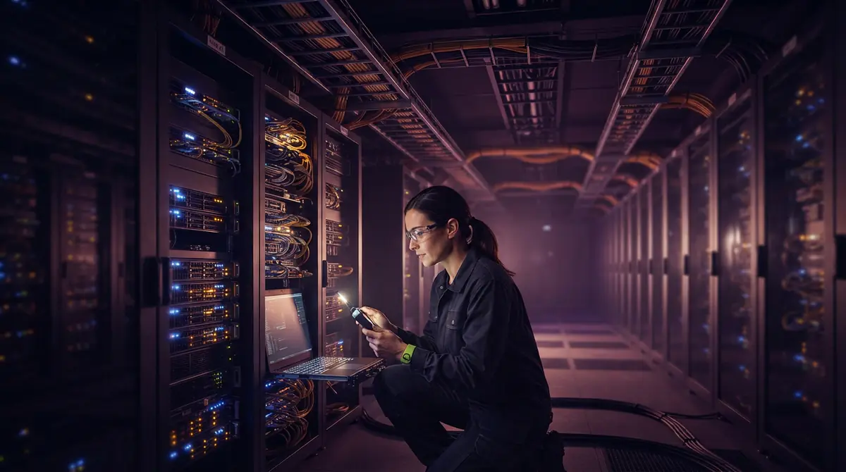 Illustration of high-density AI server racks and industrial power cabling inside a data center.