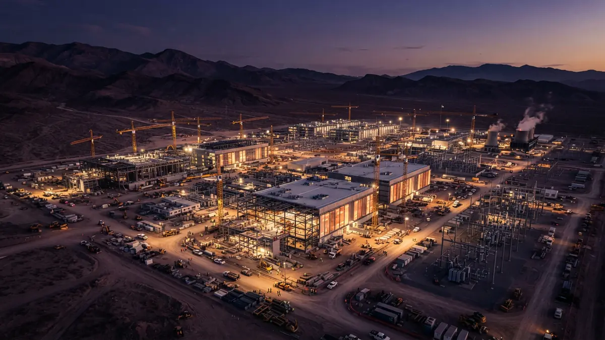 Illustration of a massive modern data center campus under construction with high-voltage power infrastructure at twilight.