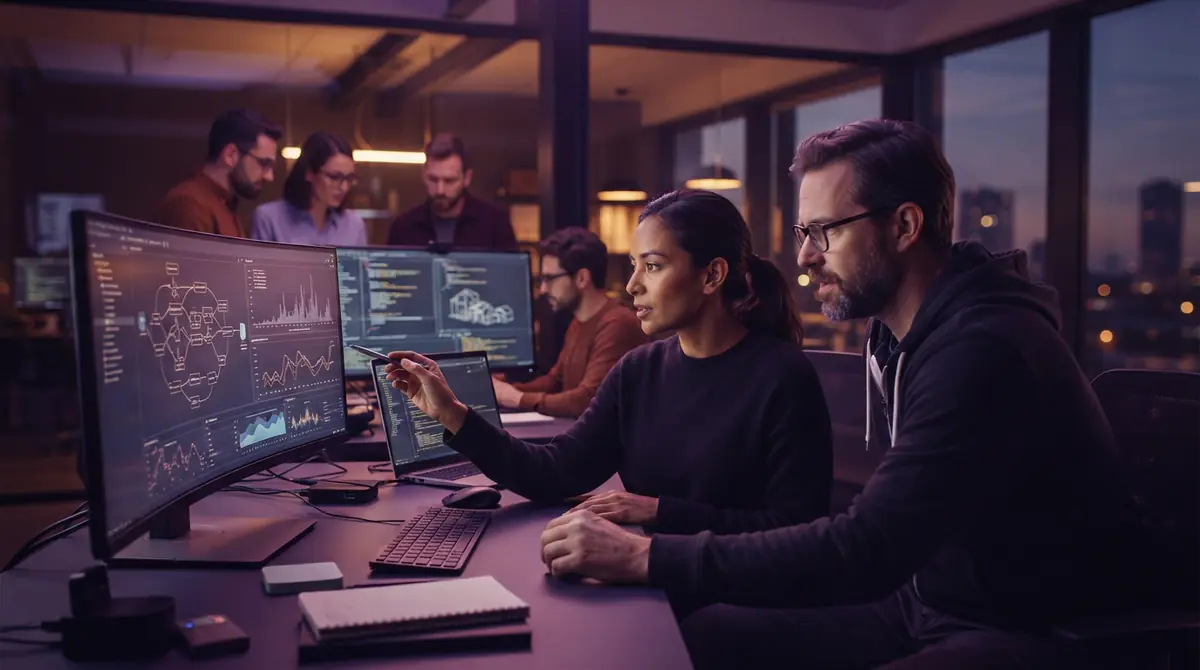 Software engineers collaborating on complex code analysis and system design