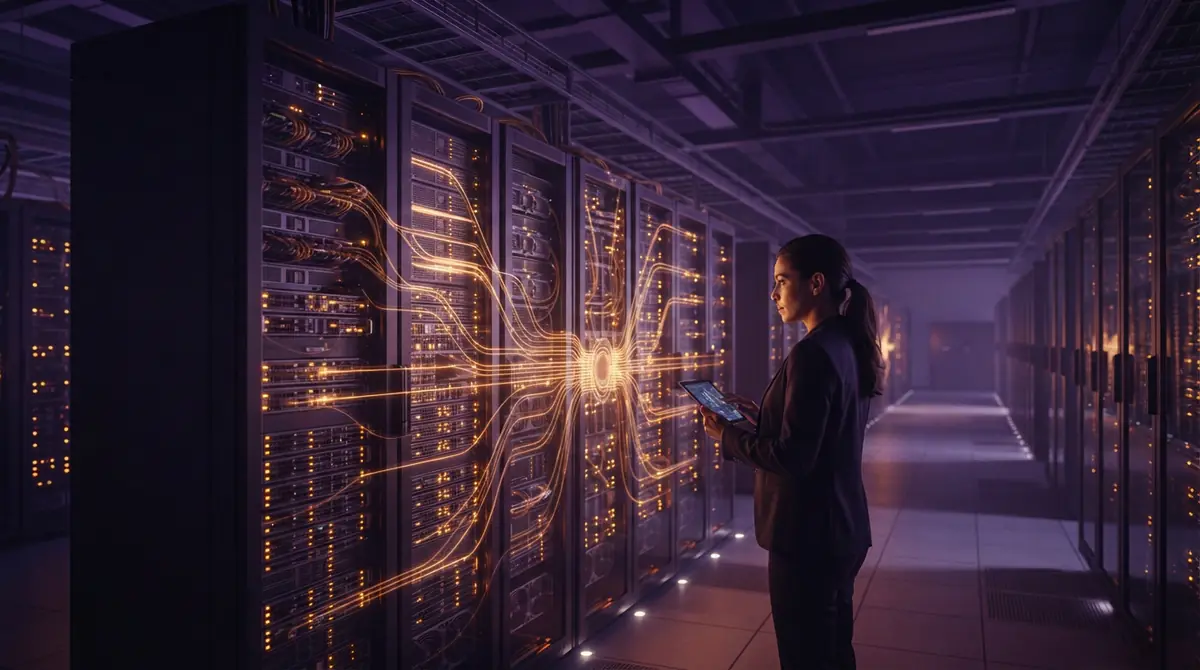 Artistic rendering of data center servers and optimized memory pathways