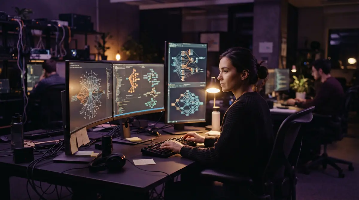 An illustration of a software engineer evaluating multi-step programming workflows.