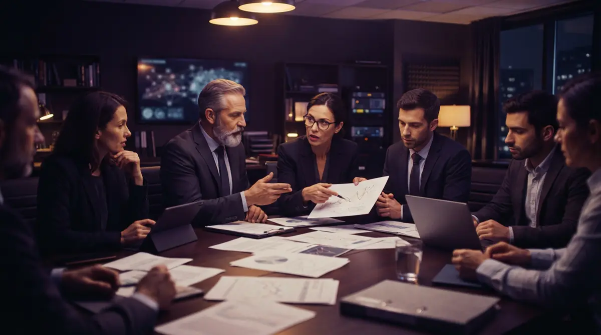 An illustration of officials and researchers in a technical pre-release review room.