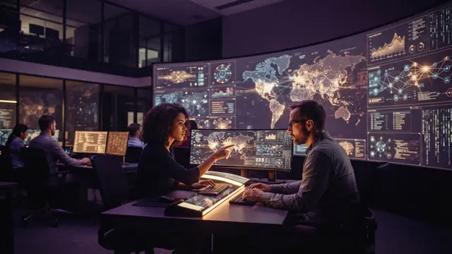 An illustration of a modern security operations center with analysts monitoring abstract digital systems.