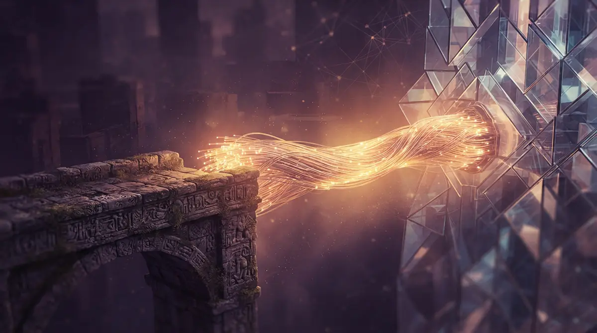 Conceptual illustration of a glowing digital conduit bridging a traditional stone structure to a futuristic crystalline hub.