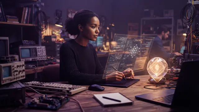 An engineer interacting with holographic data bridges representing the conversion of standard software services into AI tools.