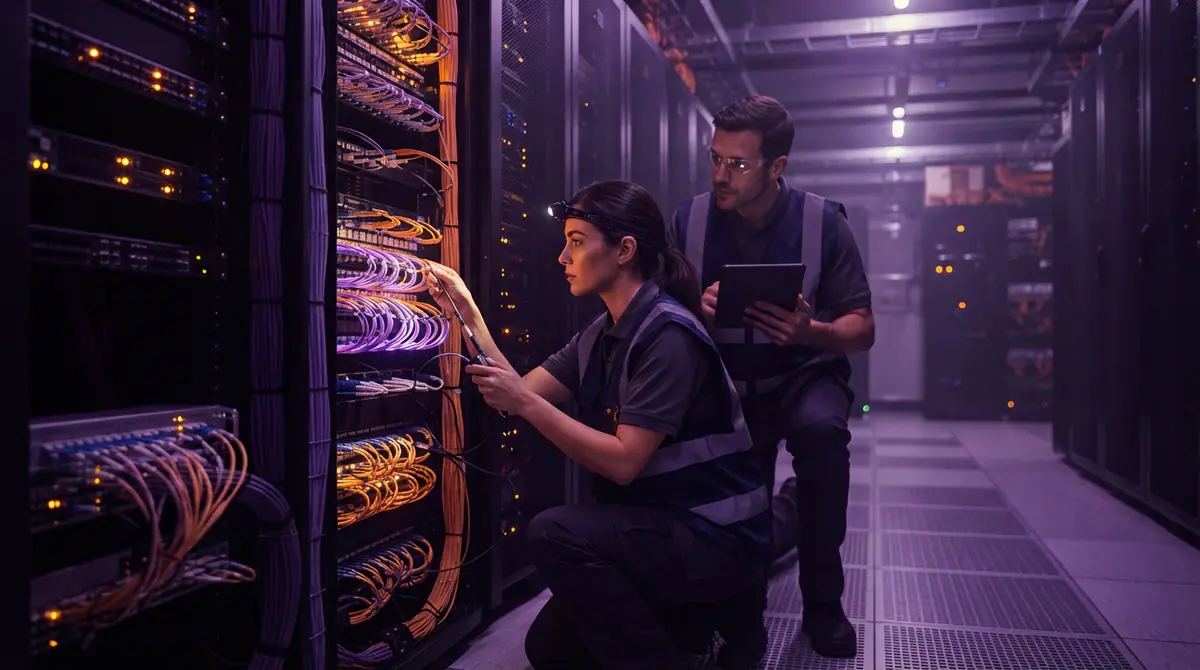 Engineers examining network infrastructure inside a server facility.