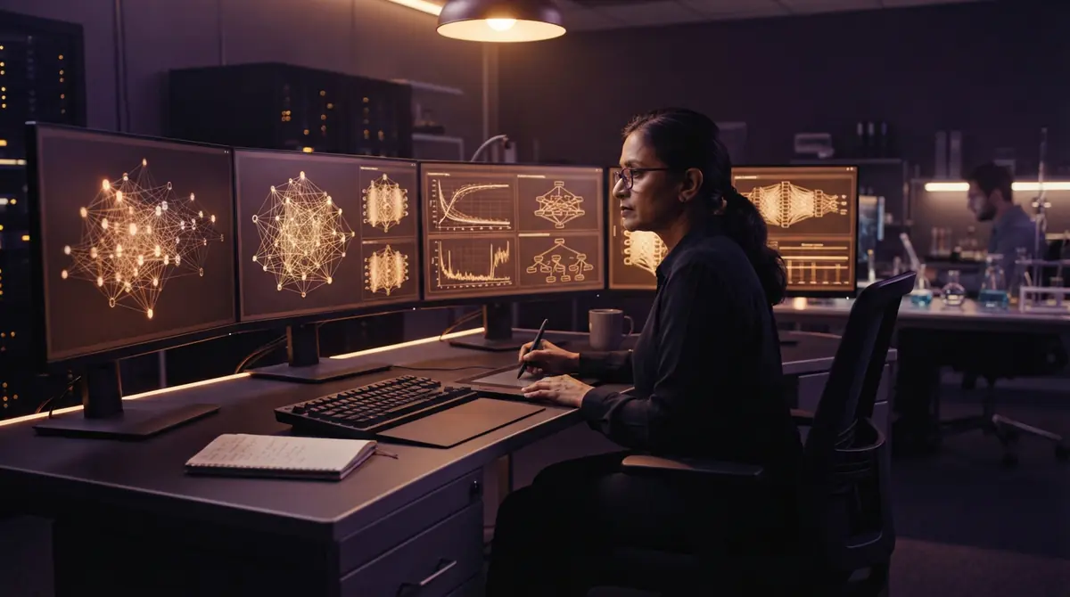 A researcher studying distributed compute workflows on computer monitors.