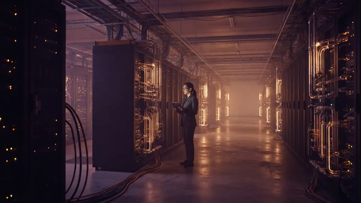 Liquid-cooled server racks inside a hyperscale cloud data center.