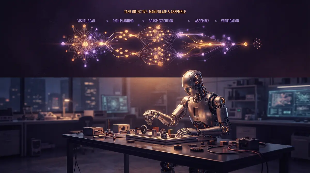 Concept art of an AI reasoning agent directing actions for a simulated robotic agent