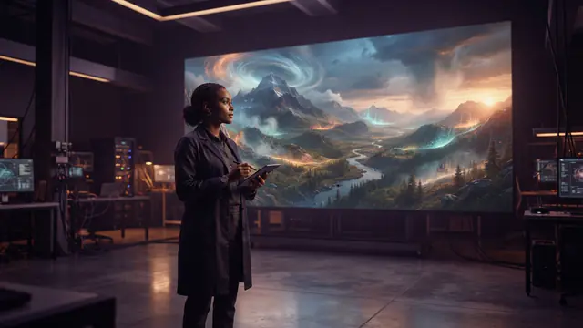 An AI researcher viewing a simulated virtual landscape generated by a world model