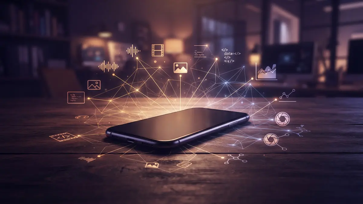 Conceptual illustration of multimodal embeddings connecting text, audio, images, and video on a mobile device