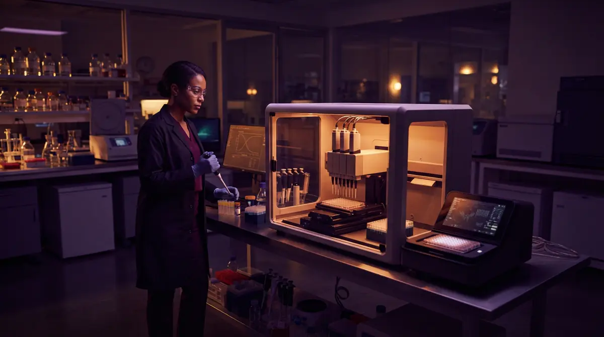Biotechnology wet laboratory with robotic assay equipment for testing protein affinity
