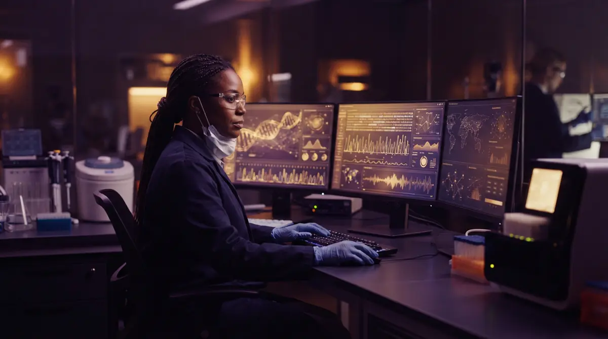 Biosecurity technician reviewing gene synthesis screening data on high-tech displays